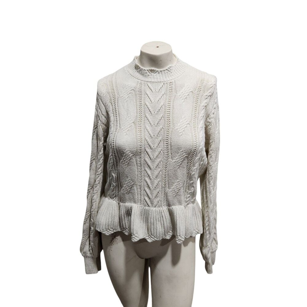 Draper James RSVP Cream Cable Knit Peplum Sweater Mock Neck Womens Large‎
